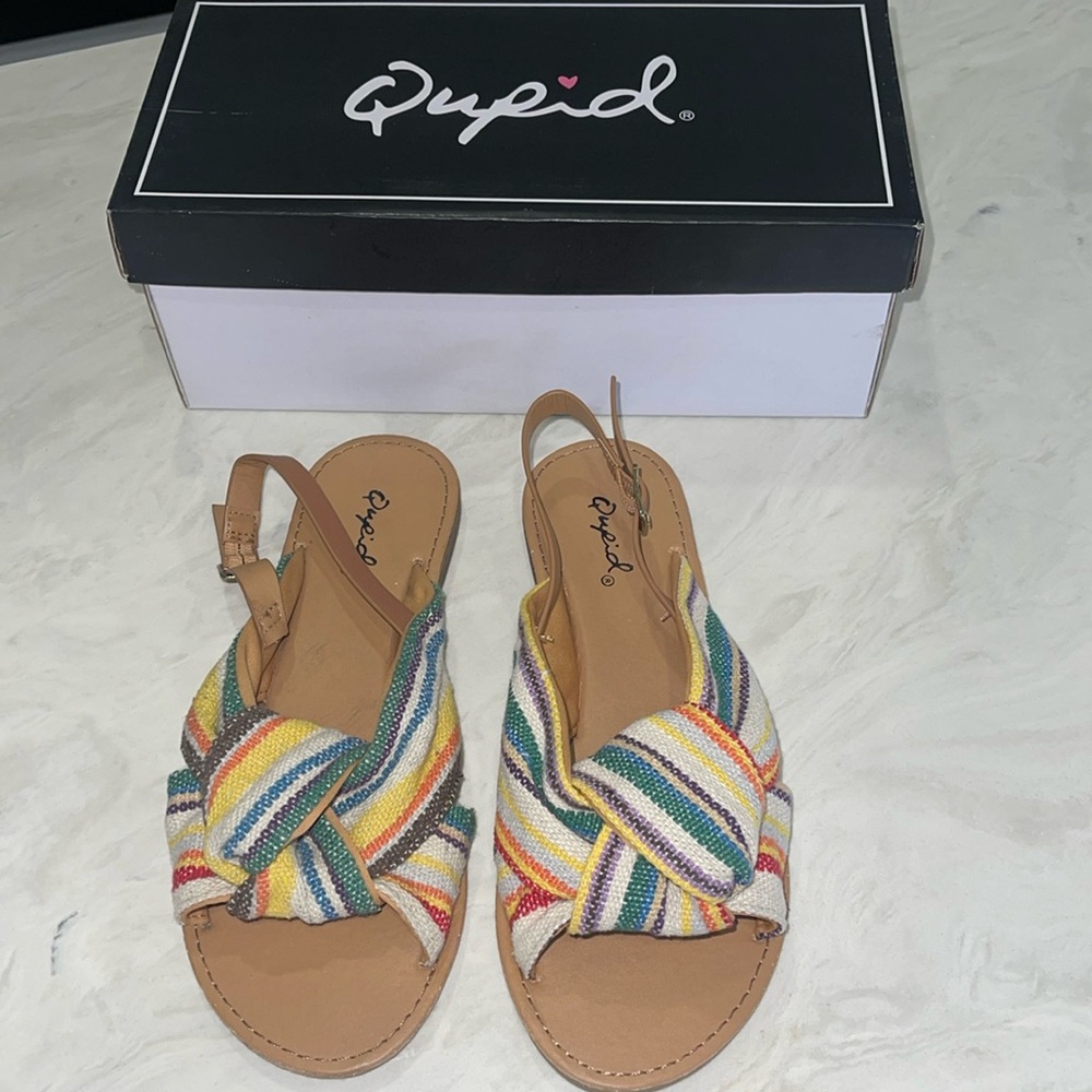New!! Rainbow Fabric Thread 🧵 Ankle Strap with Bow Detail Sandals 🩴 Size 5.5